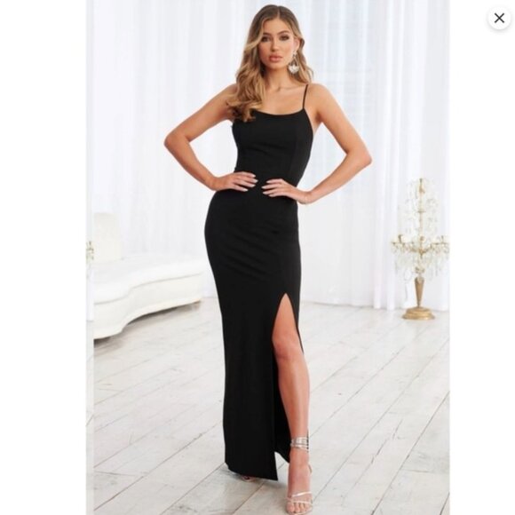 Club L London long maxi dress in black side slit Size 10  LBD little black dress - Picture 3 of 8